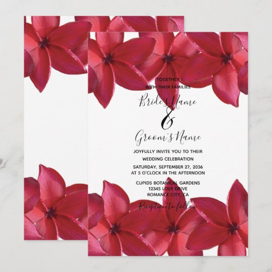 Rode Plumeria Frangipani Wedding Invitations Kaart (Voorkant / Achterkant)