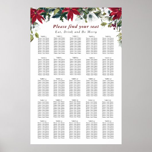Rode Poinsettia 25 Tafels Kerst Zitschema Poster (Voorkant)