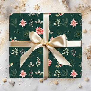 Rode Poinsettia Bloemen en Bladeren op Donkergroen Cadeaupapier