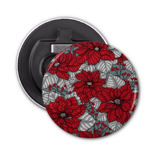 Rode poinsettia en bessen, kerstontwerp button flesopener (Voorkant)
