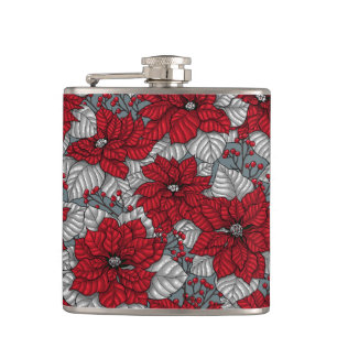 Rode poinsettia en bessen, kerstontwerp heupfles