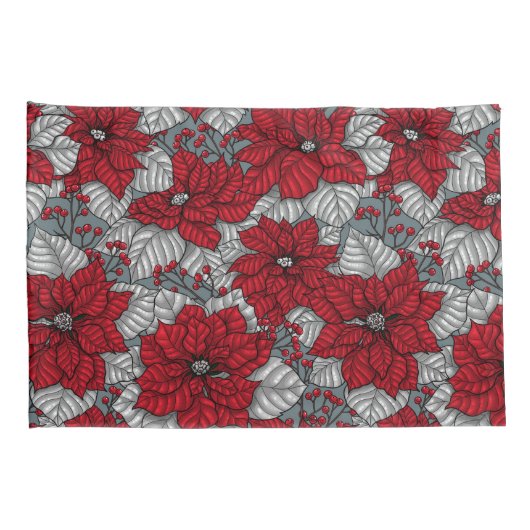 Rode poinsettia en bessen, kerstontwerp kussensloop (Achterkant-Rechts)