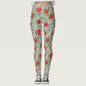 Rode Poinsettia Kerst Bloemen Leggings (Voorkant)