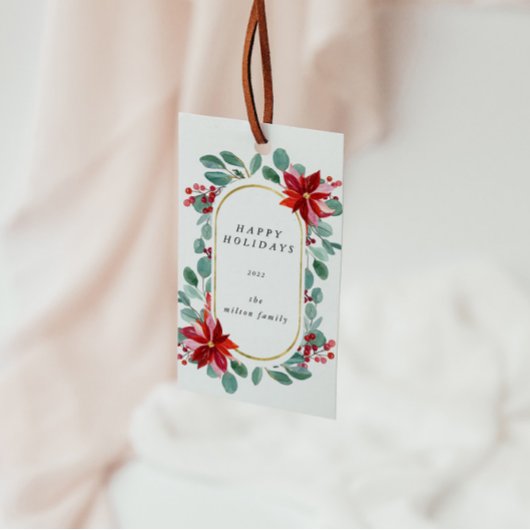 Rode Poinsettia Kerst Bloemstuk Initiaal Cadeaulabel