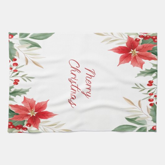 Rode Poinsettia Kerst Vakantie Keuken Handdoek (Horizontaal)