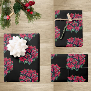 Rode Poinsettia Kerstbloem Op Zwarte Achtergrond Inpakpapier Vel