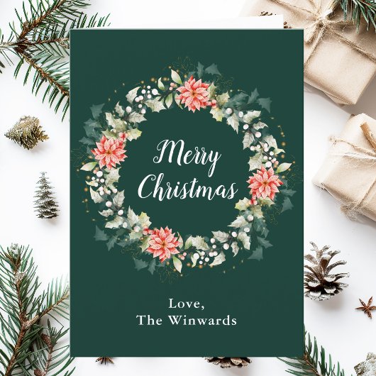 Rode Poinsettia krans Vrolijk Kerstfeest Feestdagen Kaart