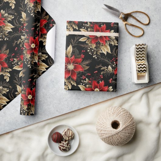 Rode Poinsettia Luxe Kerst Patroon Gift Cadeaupapier (Crafts)