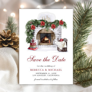 Rode Poinsettia Open Haard Kerst Huwelijk Save The Date