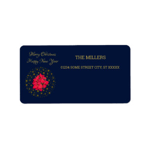 Rode Poinsettia Plant op glinsterende sterrenblauw Etiket