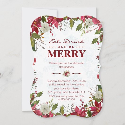 Rode Poinsettia Sneeuwvlokken Eet, Drink en wees V Kaart (Voorkant)