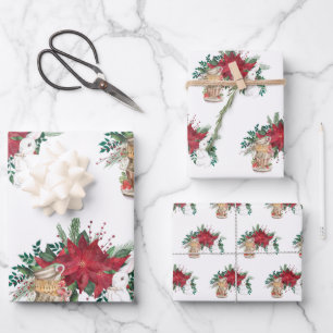 Rode Poinsettia Teacups Konijn Kerstmis Inpakpapier Vel