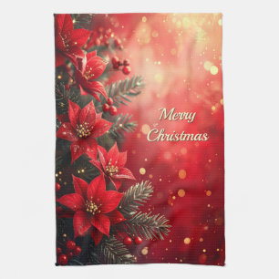 Rode Poinsettia's en Bessen Keukenhanddoek