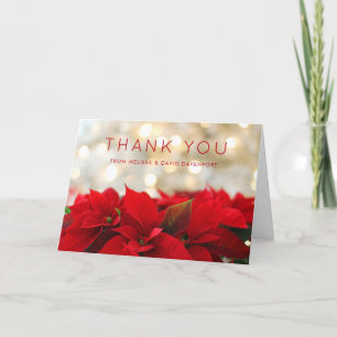 Rode Poinsettia's met Gouden Bokeh Kerst Dank Kaart