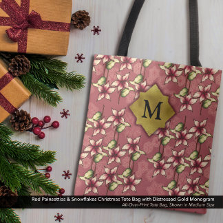 Rode Poinsettia's & Snowflakes Kerstmonogram Draagtas