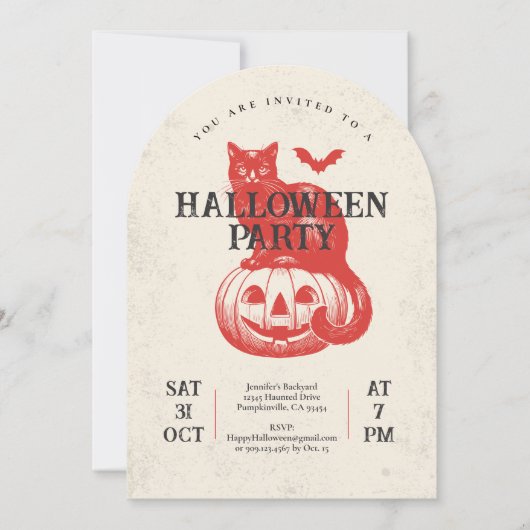 rode pompoen en kat Halloween Party Kaart (Voorkant)