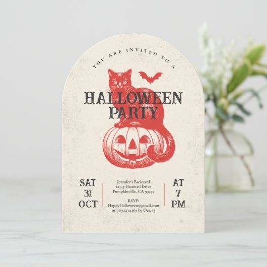 rode pompoen en kat Halloween Party Kaart (Staand voorkant)