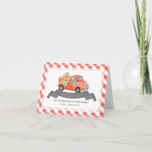 Rode pompoen vrachtwagen Gingham Baby shower Bedankkaart