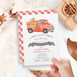 Rode pompoen vrachtwagen Gingham Baby shower Kaart