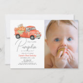 Rode pompoen vrachtwagen gingham foto 1e verjaarda kaart (Voorkant)