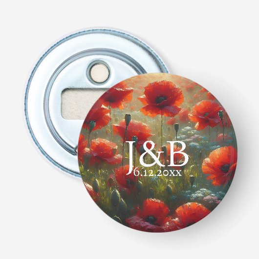Rode Poppies Floral bruiloft gepersonaliseerd Button Flesopener (Voorkant)