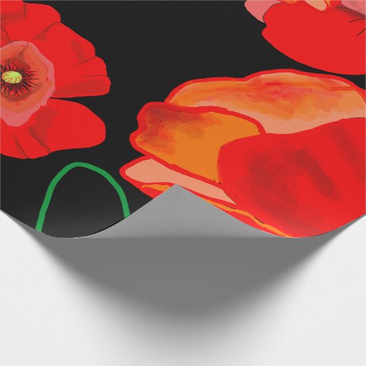 Rode poppies op zwarte achtergrondafbeelding cadeaupapier (Hoek)
