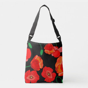 Rode poppies op zwarte achtergrondafbeelding crossbody tas