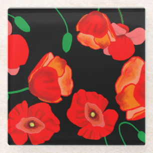 Rode poppies op zwarte achtergrondafbeelding glazen onderzetter