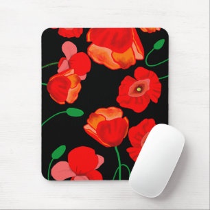 Rode poppies op zwarte achtergrondafbeelding muismat