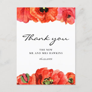 Rode poppies waterverf bruiloft bedankt briefkaart