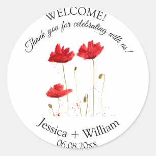 Rode Poppies Waterverf Floral Modern Bruiloft Ronde Sticker