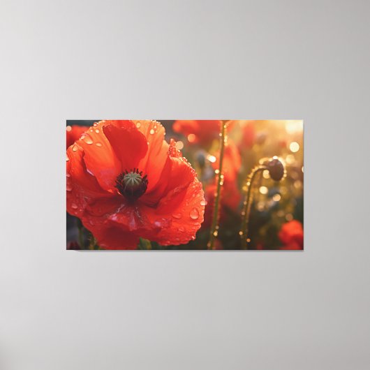 Rode Poppy Bloem met Waterdruppeltjes - Bloemen Canvas Afdruk (Voorkant)