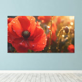Rode Poppy Bloem met Waterdruppeltjes - Bloemen Canvas Afdruk (Insitu (Houten vloer))