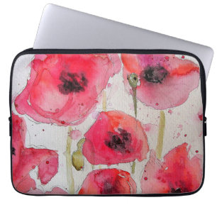 Rode Poppy Flower Floral Waterverf Bagagelabel Laptop Sleeve