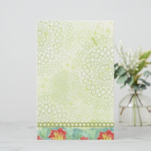 Rode Poppy Waterverf Bloemen Chatreuse Groen Briefpapier (Staand voorkant)