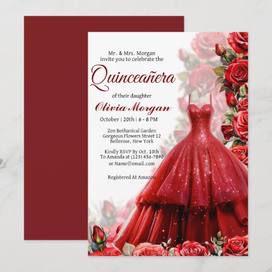 Rode Prinses jurk Quinceanera Uitnodiging (Voorkant / Achterkant)