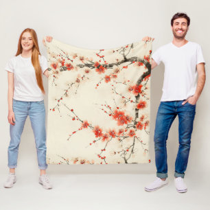 Rode pruimenbloesem aquarel - Oosterse bloemkunst Fleece Deken
