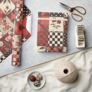 Rode Quilt Gingham Cottagecore Bloemig Cadeaupapier