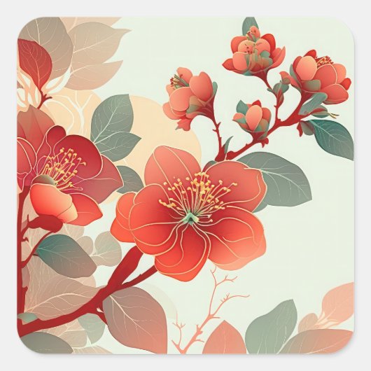Rode Quince Blossoms Vierkante Sticker (Voorkant)