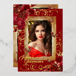 Rode Quinceanera Foto Roze Gouden Vlinder Folie Uitnodiging