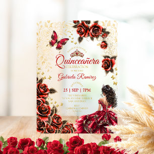 Rode Quinceañera Gouden Tiara Rozen Vlinders Acryl Uitnodigingen