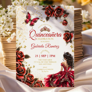 Rode Quinceañera Gouden Tiara Rozen Vlinders Kaart