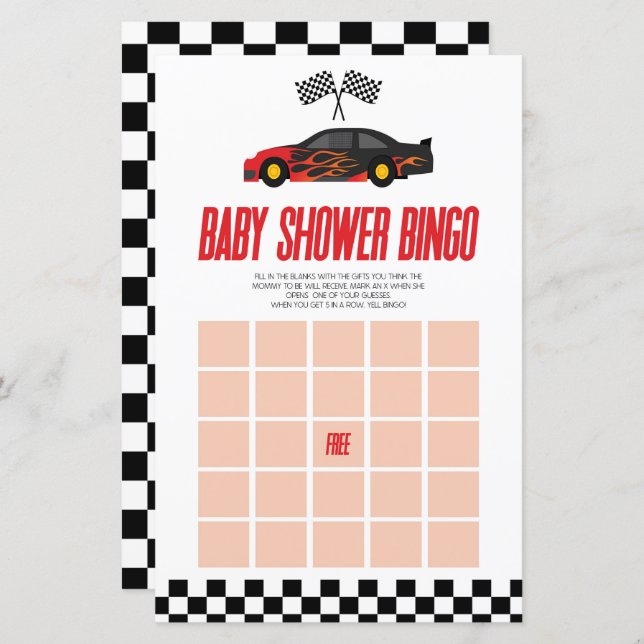 Rode Race Auto Bingo Baby Shower Spel (Voorkant / Achterkant)