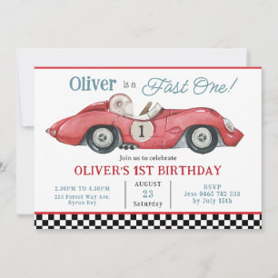 Rode Race Auto Snel Een 1e Eerste Verjaardagsfeest Kaart