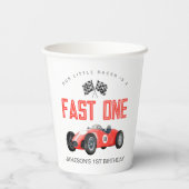 Rode Race Auto Snel Een 1e verjaardagsfeest Papieren Bekers (Achterkant)