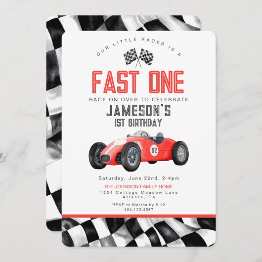 Rode Race Auto Snel Een 1e Verjaardagsfeest Uitnod (Voorkant / Achterkant)