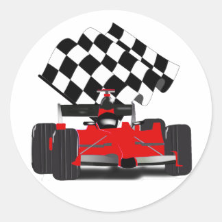 Rode raceauto met geblokte vlag ronde sticker