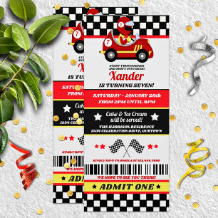 Rode raceauto ticket stijl verjaardagsfeestje kaart