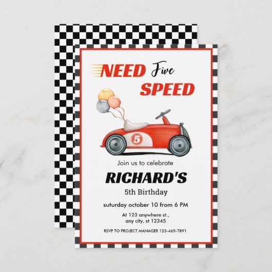 Rode raceauto verjaardag | Moet vijf versnellingen Kaart (Voorkant / Achterkant)