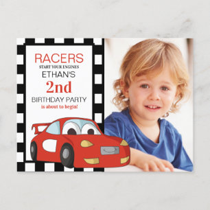 Rode raceauto zwart wit geruit 2e verjaardag briefkaart